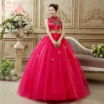 Пышные платья в китайском стиле, Нежная вышивка, Бальное платье из цветочного тюля, Элегантное платье дебютантки без рукавов с высоким воротом.