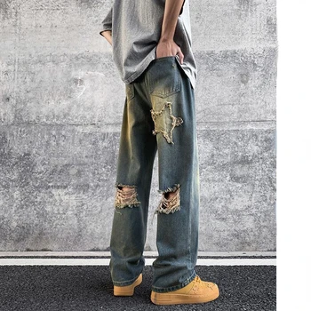 Рваные джинсы, летний тренд для мужчин, американское ретро, хай-стрит, потертые джинсы, мужские и женские нишевые брюки с широкими штанинами в стиле Design Sense
