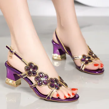 Высококачественные женские сандалии, модная золотая противоскользящая обувь, разноцветные кристаллы, удобные женские сандалии на шпильке, лето 2023 г.