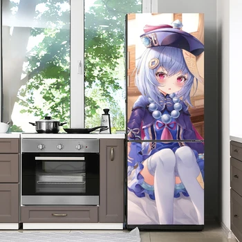 Наклейки Genshin Impact 4, дверная крышка, обои для холодильника, Клейкая морозильная камера, Виниловая пленка, декор, Забавная художественная роспись, кухня