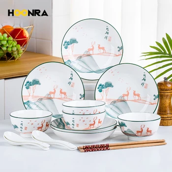 Керамическая тарелка HOONRA New Style, посуда с бело-зеленым краем, Обеденный набор, Тарелки и миски для семейного отеля, Наборы обеденных тарелок