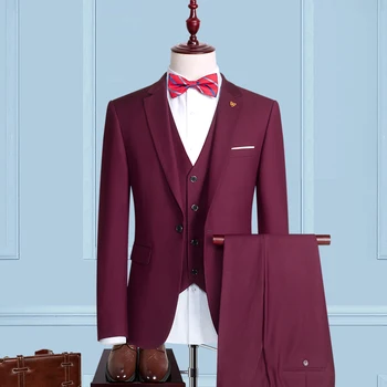 Классические мужские костюмы бордового цвета, приталенный комплект из 3 предметов, свадебный жених, шафер, куртка, жилет, брюки, одежда на заказ