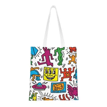 Модная сумка для покупок с абстрактной улыбкой Микки Харинга, многоразовая сумка для покупок с граффити Keiths Dancer, холщовая сумка для покупок через плечо