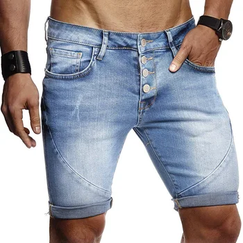 Новые летние мужские джинсовые шорты 2023 года, тонкие прямые потертые брюки длиной до колен, Модные Европейские и американские персонализированные брюки