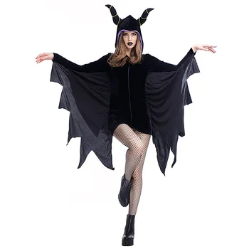 Костюм черной летучей мыши на Хэллоуин для взрослых женщин, Рога с капюшоном, Крыло, комбинезон Вампира-демона, боди, забавный комбинезон для косплея, наряд