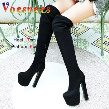 Черные замшевые женские сапоги-трубы длиной 17 см выше колена, обувь для сцены в ночном клубе, короткие плюшевые теплые осенне-зимние ботинки на платформе и высоком каблуке