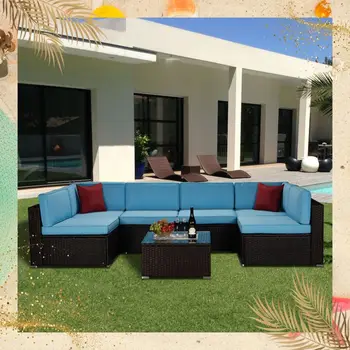 Уличная садовая мебель для патио из 7 предметов, плетеный секционный диван из ротанга синего цвета с 2 красными подушками