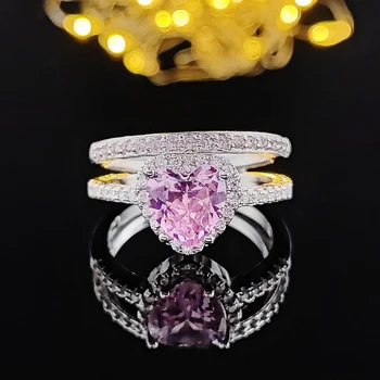 2023 новое модное обручальное кольцо невесты серебряного цвета в виде сердца, набор для женщин, подарок на годовщину, ювелирные изделия оптом R5148-розовый