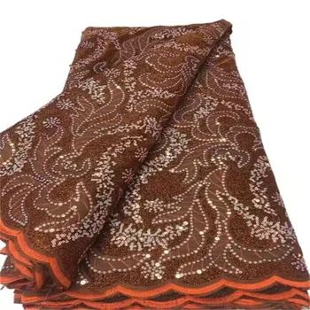 Оранжевая Африканская бархатная кружевная ткань 2023, Высококачественная Французская сетчатая кружевная ткань с блестками, Нигерийские кружевные ткани для свадебного платья