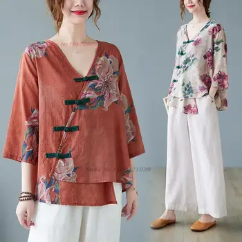2023 китайские винтажные топы hanfu, хлопковая льняная блузка с национальным цветочным принтом, восточный чайный сервиз, блузка с v-образным вырезом, рубашка в стиле ретро дзен