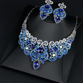 Модное преувеличенное ожерелье с синими кристаллами, серьги, наборы свадебных украшений для невест, бижутерия для свадебной вечеринки