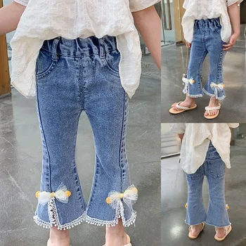 Милые мягкие джинсы для девочек, Модные брюки маленьких размеров, детские эластичные брюки-клеш для девочек