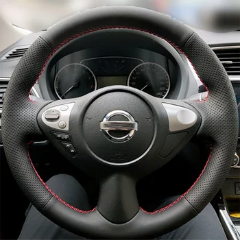 Сшитый вручную нескользящий черный кожаный чехол для рулевого колеса из углеродного волокна для Nissan Juke Maxima 370Z Sentra SV
