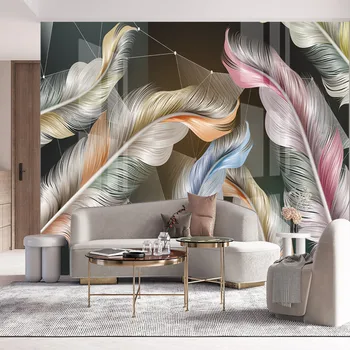 Изготовленная на заказ фреска из самоклеящихся обоев для 3D гостиной спальни с геометрическими линиями из перьев