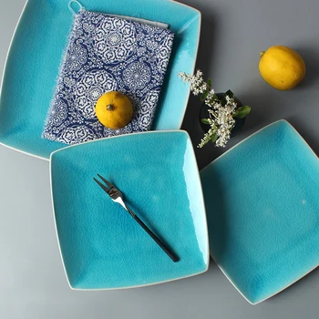 Европейская квадратная керамическая посуда, квадратная тарелка с трещинами синего льда, домашняя тарелка для западной кухни, гостиничная десертная тарелка, тарелка для фруктового салата