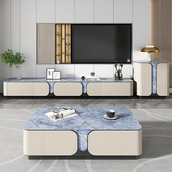 Итальянская каменная плита, шкаф для телевизора, чайный столик, сочетание современной простой гостиной, Седло, Кожаный аудиовизуальный шкаф