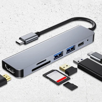 USB-концентратор, 6 портов, HDMI-совместимая док-станция расширения, высокоскоростной адаптер-разветвитель передачи данных 5,0 Гбит / с для компьютера, ноутбука Macbook iPad