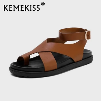 Сандалии-гладиаторы KemeKiss, Женская обувь из натуральной кожи, плоский каблук, зажим для носка, ремешок с пряжкой, Повседневная классическая обувь, Размер 34-39