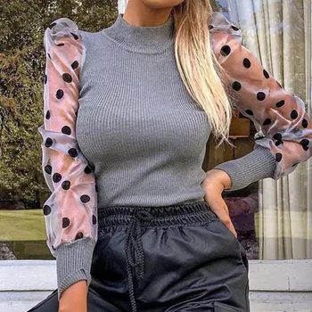 AVV 2019, Новый женский модный пуловер с принтом, высокий вырез, круглый горошек, длинный рукав, Тонкие однотонные повседневные короткие футболки с сетчатым сращиванием