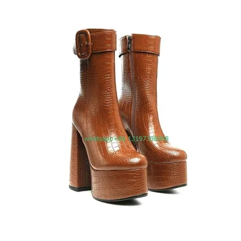 Женские коричневые ботильоны из крокодиловой кожи на высоком массивном каблуке, ботинки с пряжкой до икр, повседневные вечерние ботинки, обувь на молнии сбоку, размер 46
