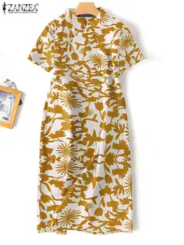 2023 Летнее Винтажное платье Миди с воротником-стойкой, женское платье-миди с цветочным принтом, Модное платье ZANZEA с коротким рукавом, Праздничный Сарафан для леди