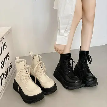Черные женские ботинки на толстой подошве в британском стиле, лето 2023, новые тонкие короткие ботинки в стиле ретро, женские ботинки, женская обувь