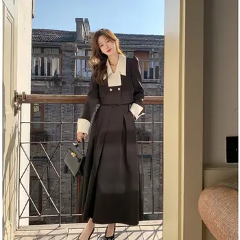 Комплект из 2 предметов, женское повседневное элегантное винтажное черное платье Миди, Корейская одежда, укороченный топ Y2k, короткие пальто + юбка 2023, весенний шик
