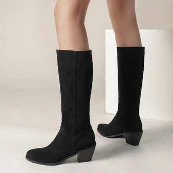 Мягкие замшевые сапоги до колена Faxu, женские осенне-зимние высокие сапоги в западном стиле для женщин, большие размеры 45 48, Черные женские длинные туфли