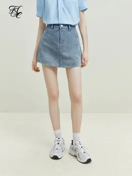 Женские джинсовые юбки синего цвета с высокой талией, изогнутый подол, женская летняя мини-джинсовая юбка в корейском стиле, однотонная женская юбка для пригородных поездок.