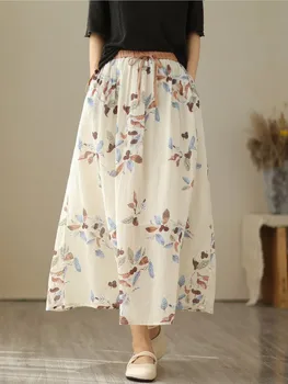 Юбка Ramie в стиле Ретро, женская Летняя осенняя повседневная свободная юбка с принтом, новинка 2023 года, универсальная юбка с эластичным поясом и завязками