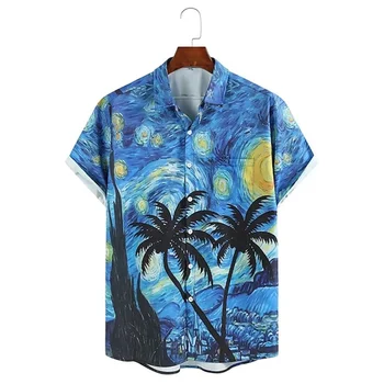 Летняя новая мужская гавайская рубашка, картина маслом, кокосовая пальма, пляжный ветер, повседневная удобная дышащая рубашка оверсайз с коротким рукавом.