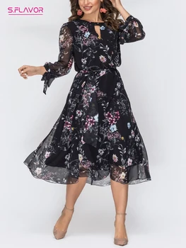 S.FLAVOR Женские шифоновые платья с цветочным принтом, сексуальное платье с круглым вырезом и длинным рукавом, женское элегантное вечернее платье трапециевидной формы, Vestidos