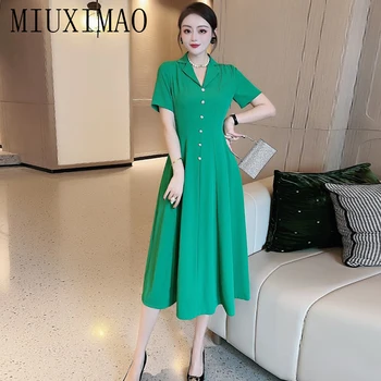 MIUXIMAO 2023 Высококачественное весенне-летнее элегантное платье с коротким рукавом и пуговицами на лацканах, однотонное модное длинное платье, женские платья