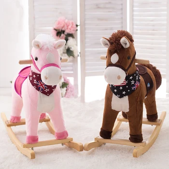 Плюшевая музыкальная лошадка-качалка, детская игрушка, верховая езда, детское пение, деревянная тележка, деревянная лошадка на колесиках, Забавный подарок на День рождения