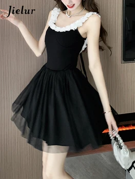 Jielur Новое женское черное платье-слинг, Корейское ретро балетное платье с открытой талией, Модные сетчатые тюлевые платья с бантом