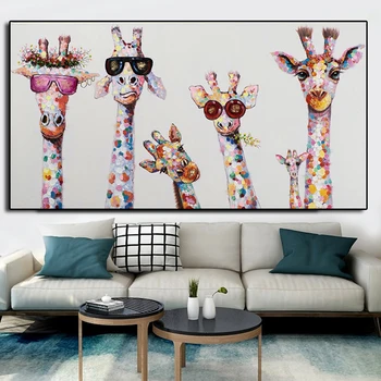 Настенное искусство, печать на холсте, изображение животного, красочный семейный плакат с жирафом, картина Куадрос для малыша, картина для гостиной, домашний декор
