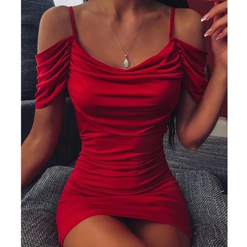 Сексуальное женское облегающее платье с открытыми плечами и рюшами, женское Красное мини-платье с коротким рукавом, женское Летнее платье для вечеринки в ночном клубе 2023