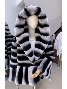 Ms.Minshu Модная роскошная женская куртка из натурального меха кролика Рекс цвета шиншиллы с капюшоном