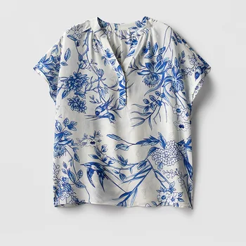 Шелковая рубашка женская с принтом, свободная прямая шелковая рубашка Женская, лето 2023, Новый повседневный шелковый топ с принтом и V-образным вырезом