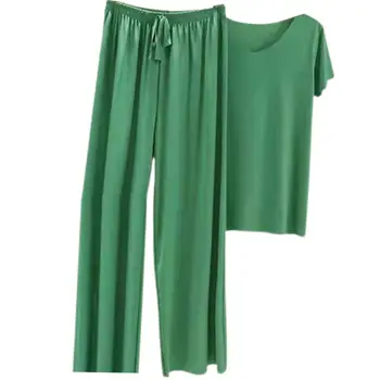 Комплект из 2 предметов, женская футболка, комплект брюк, плиссированные широкие брюки с V-образным вырезом и короткими рукавами, Свободный пуловер, тонкий летний топ, комплект брюк, женский