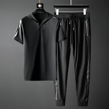 Летние мужские комплекты Minglu (футболка + брюки) Роскошный мужской спортивный костюм с капюшоном и коротким рукавом, большие размеры 5xl, приталенные спортивные повседневные мужские комплекты