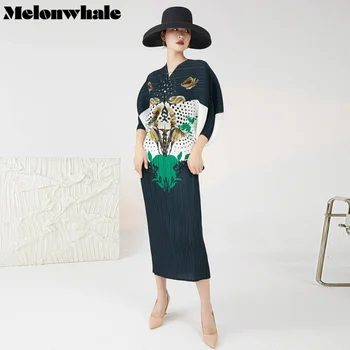 MelonWhale Miyake, плиссированное платье с винтажным принтом зеленого цвета с V-образным вырезом и длинным рукавом 