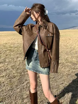 Женская мотоциклетная куртка из искусственной кожи кофейного цвета в американском стиле на весну и осень, свободная и роскошная куртка-бомбер