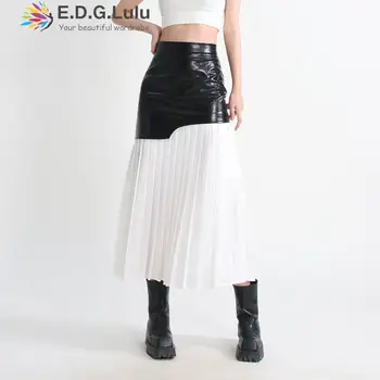 EDGLuLu 22023 Новая дизайнерская Длинная юбка в сетку из искусственной кожи в стиле пэчворк, Модная плиссированная юбка для отдыха, черно-белая юбка с высокой талией, 0520