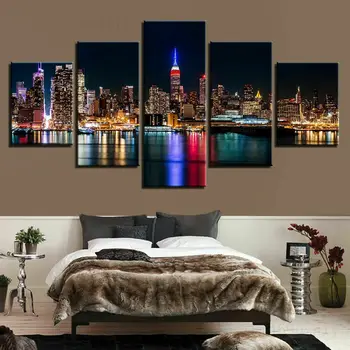 Ночной пейзаж Нью-Йорка на холсте, настенное искусство, домашний декор, HD Печать фотографий, плакат, декор комнаты, 5 штук
