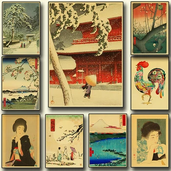 Японский пейзаж в старом стиле, винтажные плакаты, Высококачественная наклейка на стену для дома/бара/гостиной из крафт-бумаги