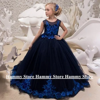 Yipeisha Темно-синее платье с цветочным узором для девочек, с коротким рукавом и круглым вырезом, Бальное платье с аппликацией в виде 3D цветов, Длинное платье для Первого причастия из тюля