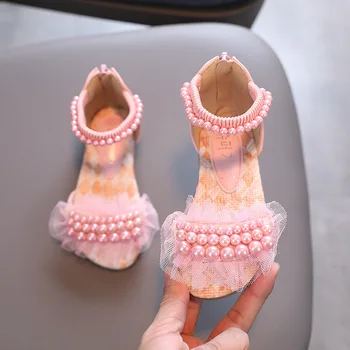 Сандалии для девочек; Летняя модная обувь принцессы с жемчугом и кружевом; детские пляжные сандалии на плоской подошве; обувь для маленьких девочек