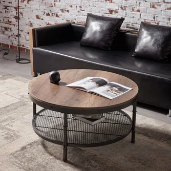 Двухъярусный однопанельный круглый журнальный столик с металлическим каркасом с 3D текстурой и сеткой для мебели для гостиной и спальни