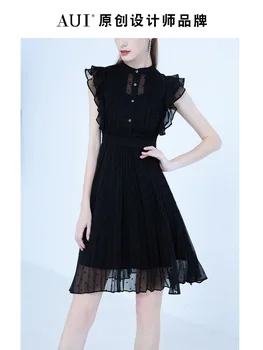 Черное платье со стоячим вырезом и оборками в стиле Хепберн, женское летнее шифоновое платье без рукавов в стиле знаменитостей 2023 года
